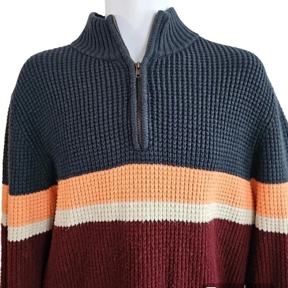 Goodfellow Colorblock Half Zip Sweater Men’s Large Maroon Navy Striped Pullover - Picture 3 of 8
